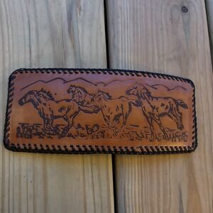 Vintage Leather Wallet Hand Tooled Bi-Fold Handmade Whipstitch Horses Stampede